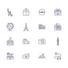 Travel and vacation icons. Set of line icons. Cruise, tourism, lifestyle. Leisure concept. Vector illustration can be used for topics like sightseeing, tour, trip