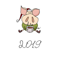 Cute doodle piggy drinking hot chocolate. Symbol of 2019 year. Winter holidays. Christmas time. New year calligraphy. Hand written modern brush lettering. Hand drawn design elements. Festive card.