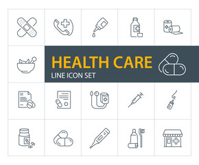 Health care line icon set. Drugstore, pills, syringe. Medicine concept. Can be used for topics like emergency, first aid, medical help