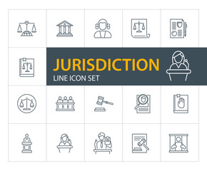 Jurisdiction line icon set. Courthouse, judge gavel, scale. Law concept. Can be used for topics like justice, court, crime