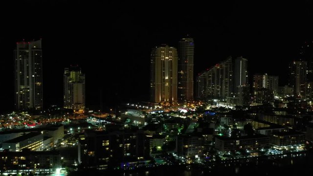 Aerial footage city at night Sunny Isles Beach