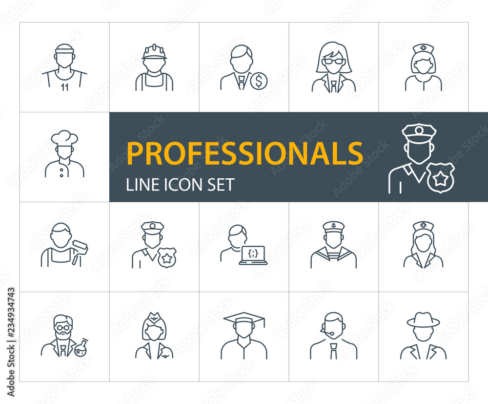 Wall mural professionals line icon set. doctor, sportsman, policeman. occupation concept. can be used for topic