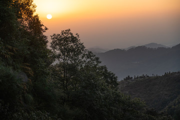 Sunset in the Himalayas mountain range in Northern India 