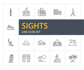 Sights line icon set. Paris, London, New York. Tourism concept. Can be used for topics like vacation, travel, sightseeing