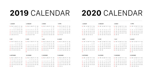 2019 calendar starting sunday Calendar 2019 and 2020 template. Calendar design in black and white colors, holidays in red colors. Vector - 234934940