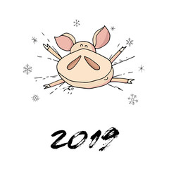 Cute doodle christmas piggy making angel. Symbol of 2019 year. Winter holidays. Christmas and new year calligraphy. Hand written modern brush lettering. Hand drawn design elements. Festive card.