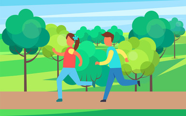 Children Running in Park Set, Vector Cartoon Icon