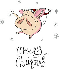 Cute doodle christmas happy piggy in santa hat. Symbol of 2019 year. Winter holidays. Christmas and new year calligraphy. Hand written modern brush lettering. Hand drawn design elements. Festive card.