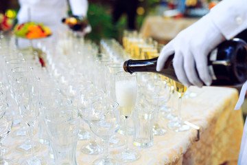 Bartender pouring champagne into glasses