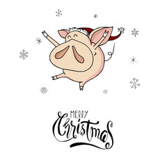 Cute doodle christmas happy piggy in santa hat. Symbol of 2019 year. Winter holidays. Christmas and new year calligraphy. Hand written modern brush lettering. Hand drawn design elements. Festive card.