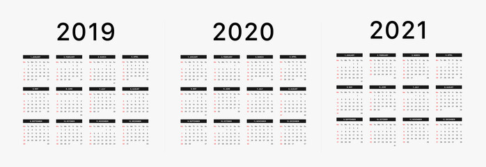 2019 calendar starting Monday Calendar 2019 and 2020 template. Calendar design in black and white colors, holidays in red colors. Vector