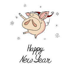 Cute doodle christmas happy piggy in santa hat. Symbol of 2019 year. Winter holidays. Christmas and new year calligraphy. Hand written modern brush lettering. Hand drawn design elements. Festive card.
