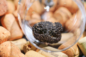 Black Truffle in an empty glass on wine stoppers.