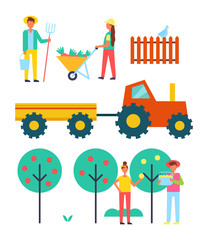 People Working on Farm with Equipment Vector Icon