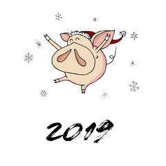 Cute doodle christmas happy piggy in santa hat. Symbol of 2019 year. Winter holidays. Christmas and new year calligraphy. Hand written modern brush lettering. Hand drawn design elements. Festive card.