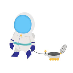 Astronaut walking with lunar vehicle. Toy, satellite, space costume. Can be used for topics like spaceship, transportation, engineering