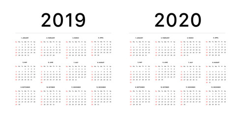 2019 calendar starting sunday Calendar 2019 and 2020 template. Calendar design in black and white colors, holidays in red colors. Vector
