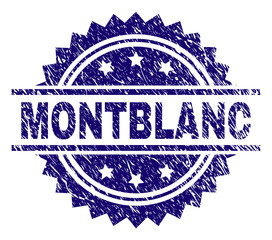 MONTBLANC stamp seal watermark with distress style. Blue vector rubber print of MONTBLANC tag with dirty texture.