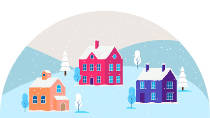 Christmas card with winter cityscape. Snowy street in small city with buildings and houses, trees. Modern concept vector illustration with urban winter landscape.