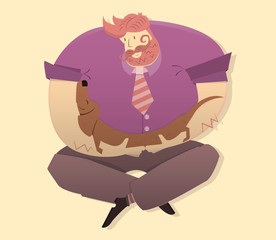 Dachshund and big man,The dog sleeps in the arms of a man,Vector image, flat design, colorful illustration.