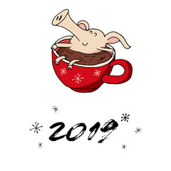 Cute christmas happy piggy in hot chocolate. Symbol of 2019 year. Winter holidays. Christmas and new year calligraphy. Hand written modern brush lettering. Hand drawn design elements. Festive card.