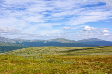 Panorama of a summer sunny morning in the Ural mountains.