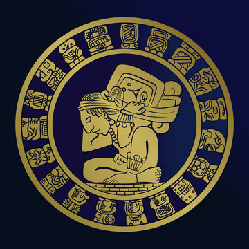 vector Mayan calendar image on the coin. Mexican culture, the Aztec civilization