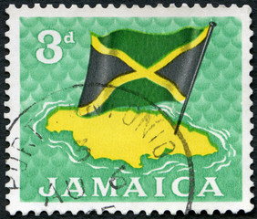 JAMAICA - 1964: shows Flag over map