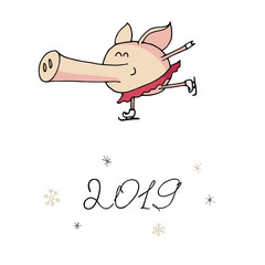 Cute doodle christmas figure skating piggy. Symbol of 2019 year. Winter holidays. Christmas and new year calligraphy. Hand written modern brush lettering. Hand drawn design elements. Festive card.