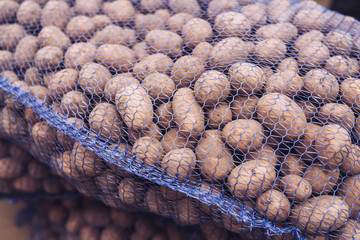 A bag of raw and dirty potatoes. Fresh potatoes close-up in a grid.