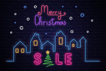 Merry Christmas sale promo poster with neon city silhouette on brick textured background.