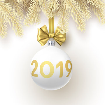Christmas and New Year 2019 card with fir branches and white 3d Christmas ball.