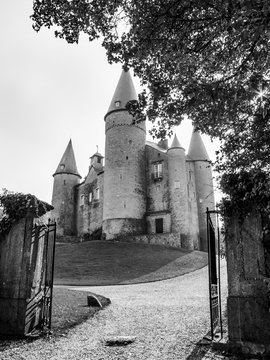 The building of Castle of Veves in Province of Namur Belgium, black and white photography, exterior view