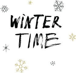 Christmas black calligraphy. Winter time greeting text with snowflakes. Hand written modern brush lettering with decorative snowflakes. Hand drawn design elements. Festive sign card.