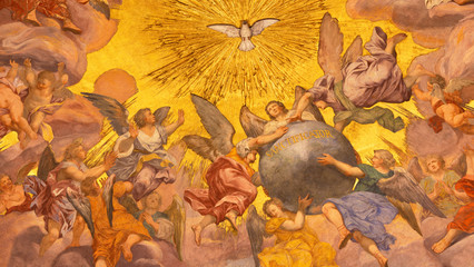 PRAGUE, CZECH REPUBLIC - OCTOBER 18, 2018: The baroque fresco of Angels with the Holy Spirit in church kostel Svaté Voršily by Jan Jakub Stevens ze Steinfelsu (1707).