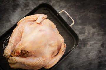 Uncooked raw turkey on roasting tray close up