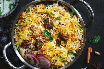 Homemade Beef Biryani with yogurt dip