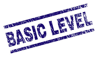 BASIC LEVEL seal imprint with scratced style. Blue vector rubber print of BASIC LEVEL text with scratched texture. Text title is placed between parallel lines.