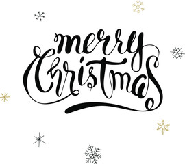 Christmas black calligraphy. Merry christmas greeting text with snowflakes. Hand written modern brush lettering with decorative snowflakes. Hand drawn design elements. Festive sign card.