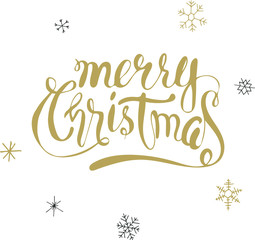 Christmas golden calligraphy. Merry christmas greeting text with snowflakes. Hand written modern brush lettering with decorative snowflakes. Hand drawn design elements. Festive sign card.