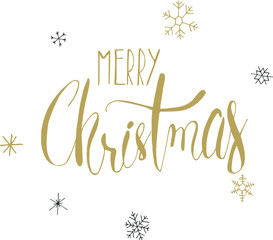 Christmas golden calligraphy. Merry christmas greeting text with snowflakes. Hand written modern brush lettering with decorative snowflakes. Hand drawn design elements. Festive sign card.