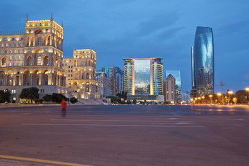 Azerbaijan, Baku at night Azadlig Square in front of the Government House evening side. Platitude Freedom - Azadlig located on the shores of the Caspian Sea.Hotel Absheron Marriott . Neftchiler Avenue
