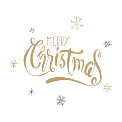 Christmas golden calligraphy. Merry christmas greeting text with snowflakes. Hand written modern brush lettering with decorative snowflakes. Hand drawn design elements. Festive sign card. - 234942543