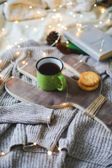 Christmas composition with a cactus tray and a cup, flat lay