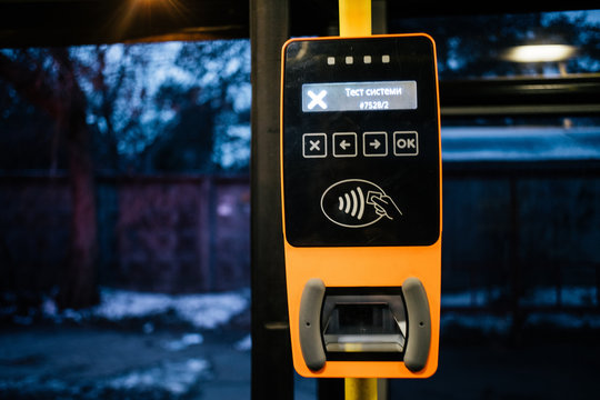 Modern bus punch validator close up in Kyiv, Ukraine