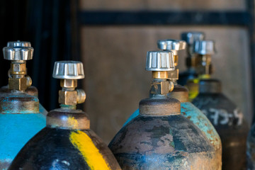 Cylinder with carbon dioxide. Tanks with compressed gas for industry. Liquefied oxygen production. Factory.