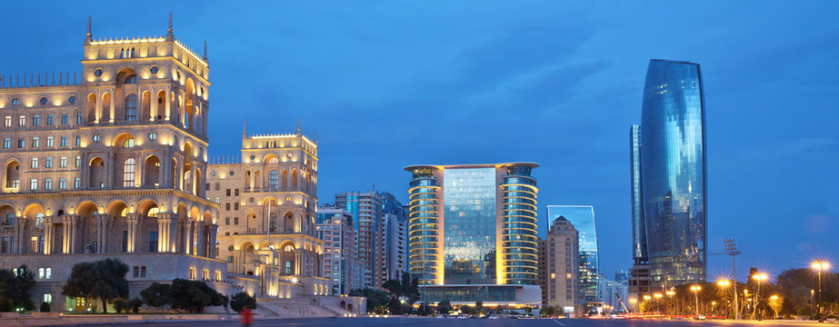 Azerbaijan, Baku at night Azadlig Square in front of the Government House evening side. Platitude Freedom - Azadlig located on the shores of the Caspian Sea.Hotel Absheron Marriott . Neftchiler Avenue