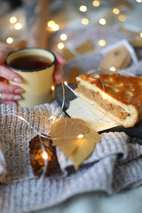 Christmas composition. female hands holding a mug on a sweater.Flat la