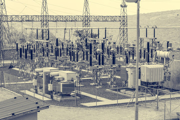 High voltage transformer modern substation electrical switchyard.