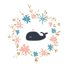 Cute baby whale art, floral frame template